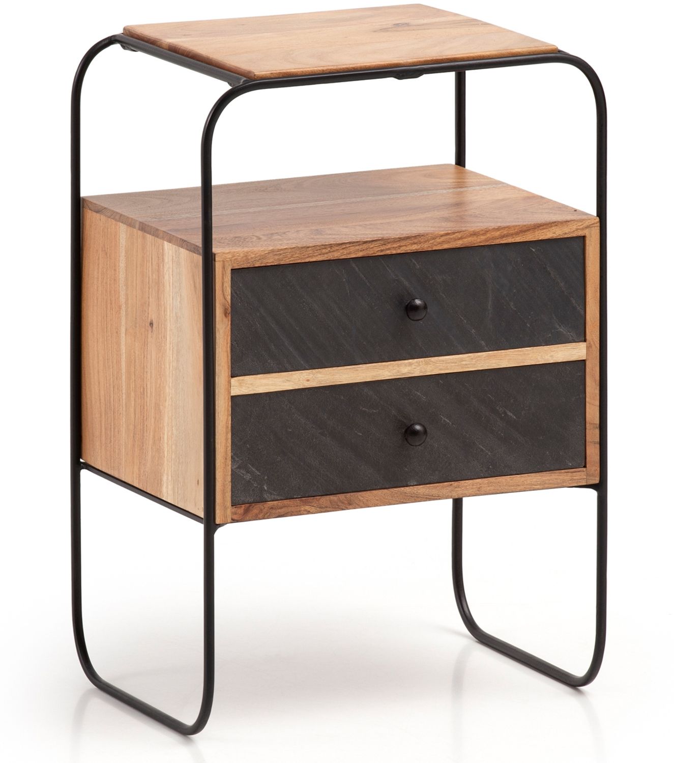 Nachttisch Akazie Massivholz / Steinoptik 40x60x30 cm Nachtschrank Boxspringbett, Industrial Nachtkonsole Braun mit 2 Schubladen & Ablagefläche, Nachtkommode Stauraum & Metallgestell Bild 1