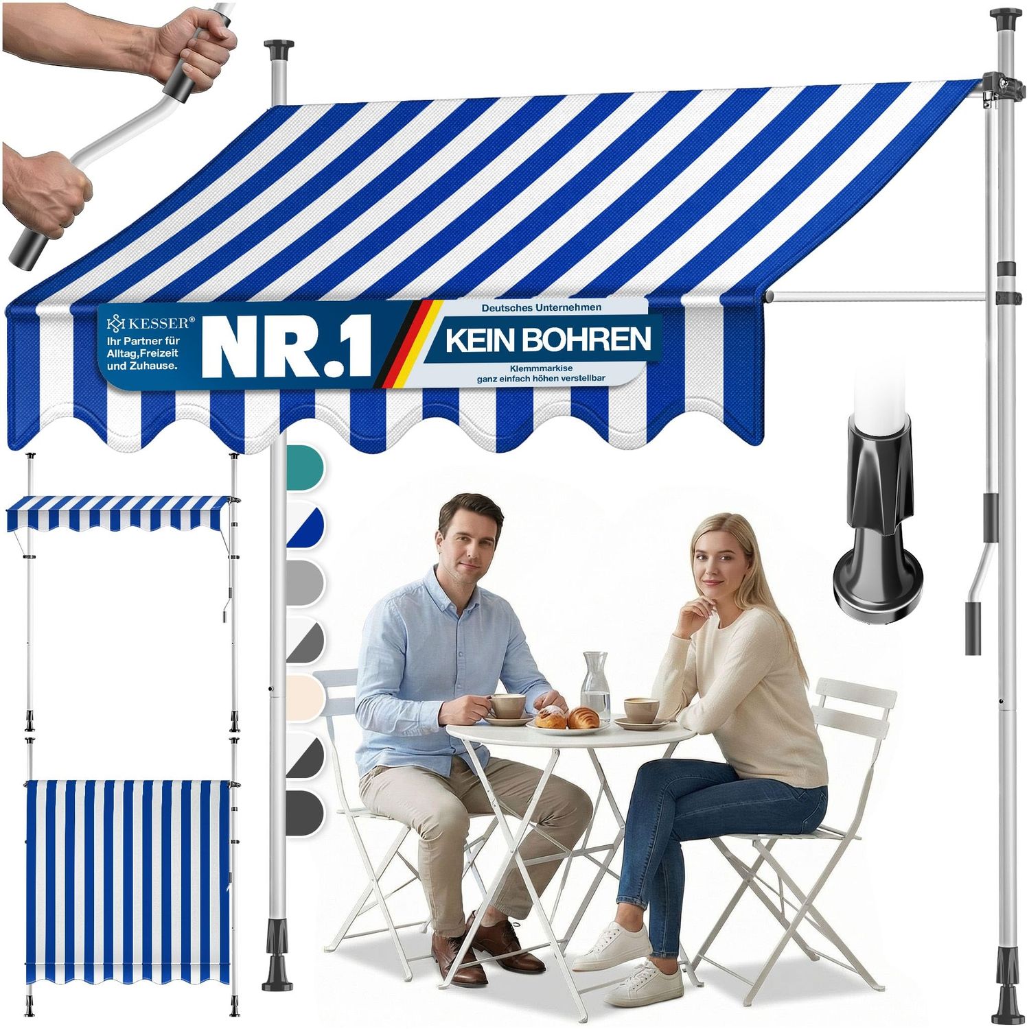 KESSER® Klemmmarkise mit Handkurbel Balkon, Balkonmarkise ohne Bohren, UV-beständig höhenverstellbar wasserabweisend , Sonnenschutz, Terrassenüberdachung , einfache Montage 400cm, Blau-Weiß Bild 1