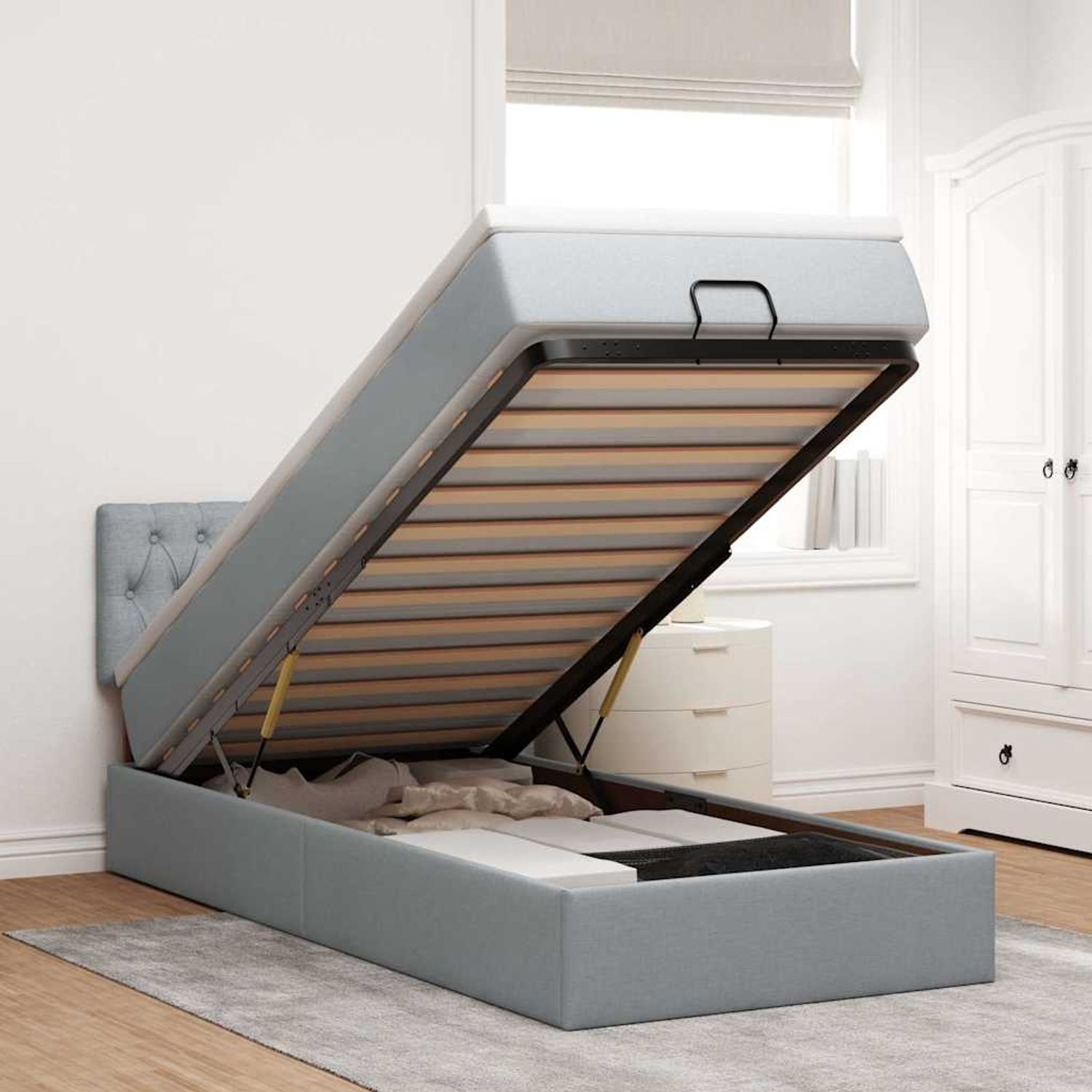 vidaXL Ottoman-Bett mit Matratze & LEDs Hellgrau 100x200 cm Stoff 3312367 Bild 1