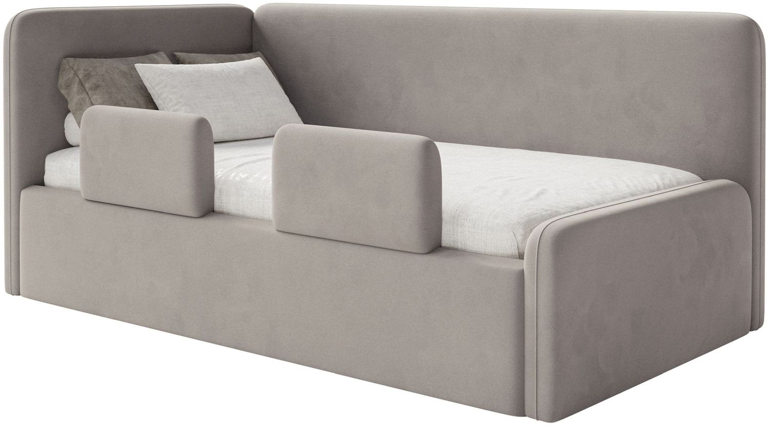 Selsey 'Fanko' Kinderbett 90x200 cm mit Rausfallschutz, Matratze, Kopfteil links, Samt, Graubeige Bild 1