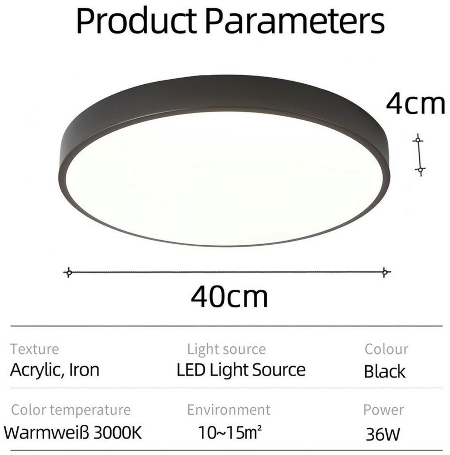 style home Deckenleuchte LED Deckenlampe Flach Rund lampe, 36W, LED fest integriert, Warmweiß 3000K, nicht dimmbar, Schwarz 40*40*4cm für Schlafzimmer Wohnzimmer Küche Büro Flur Diele Bild 1
