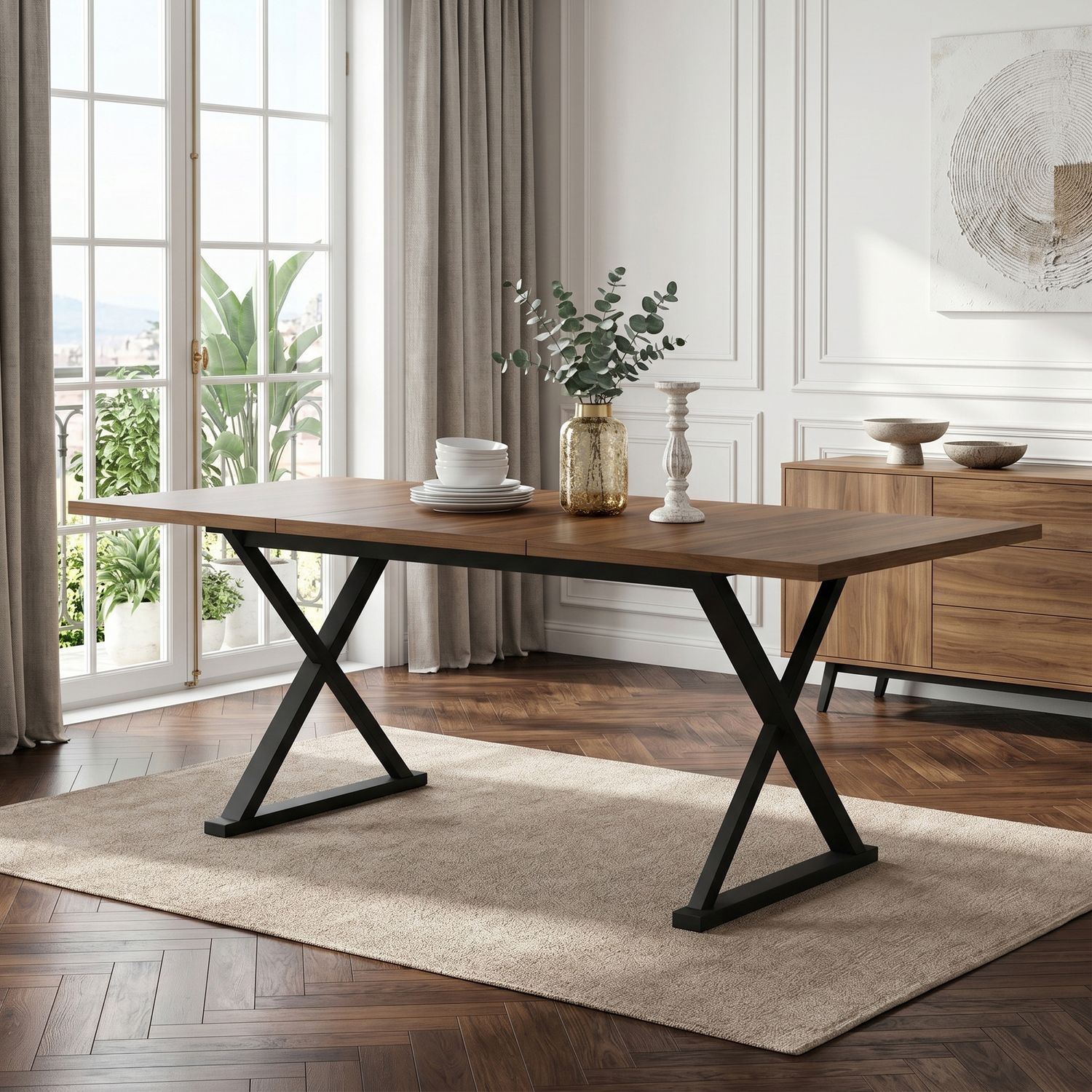 Esstisch, 180 cm lang x 90 cm breit x 75 cm hoch, moderner Stil, robust und langlebig, Metallbeine, bietet Platz für 6-8 Personen, schlichter moderner Stil, Walnussholzfarbe + Schwarz. Bild 1