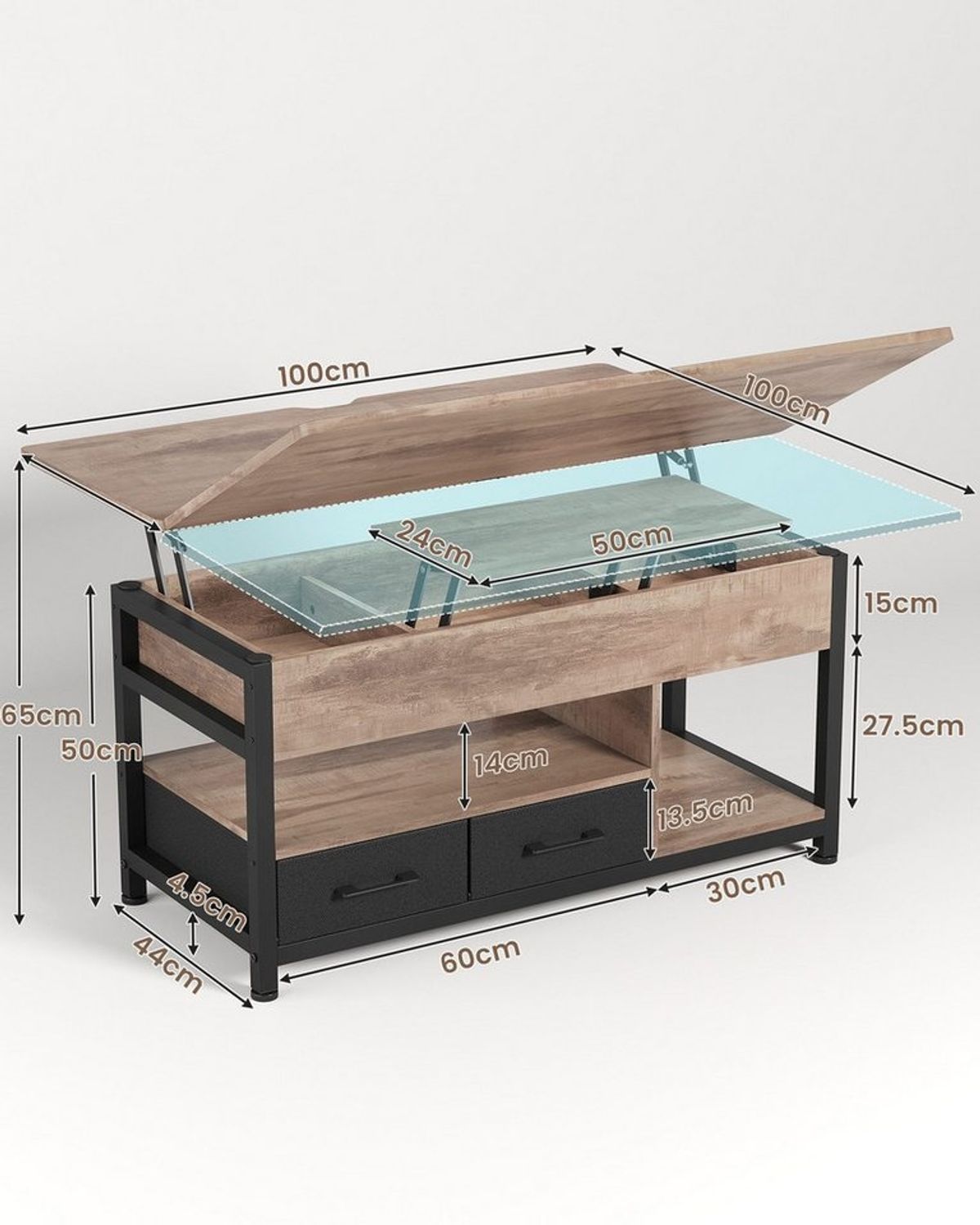 MSMASK Couchtisch 3-in-1-Multifunktions-Wohnzimmertisch mit 2 Schubladen, Kaffeetisch, Versteckte Aufbewahrung, 50T x 100B x 50H cm Bild 1