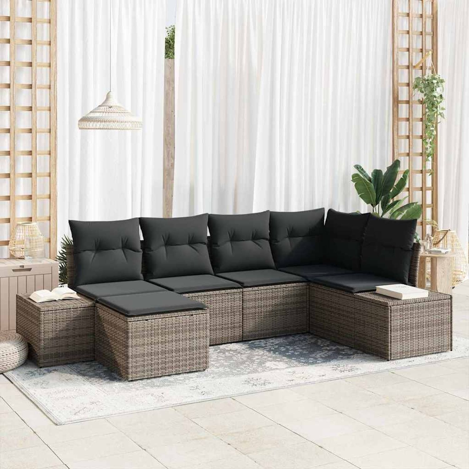 vidaXL Garten-Sofa-Set mit Kissen mit Speicher 6 pcs Grau Poly-Rattan 3355798 Bild 1