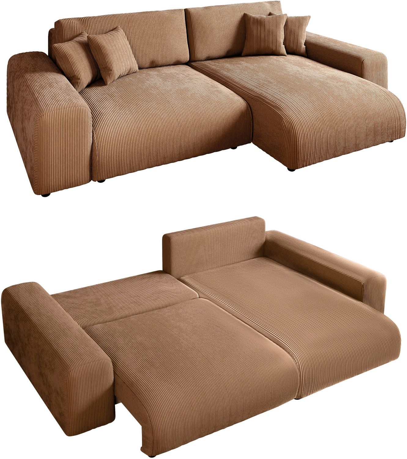 Ecksofa Schlaffunktion ausziehbar Bettkasten Polsterecke L-Couch Cord Hellbraun Bild 1