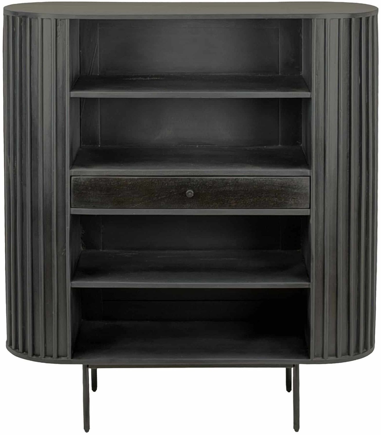 Bücherregal Massivholz Mango 105x122 cm Lamellen Design Schwarz - Offenes Standregal mit Schublade - Stauraumregal Metallbeine - Wohnregal Wohnzimmer - Kleiner Schrank Regal Handmade Bild 1