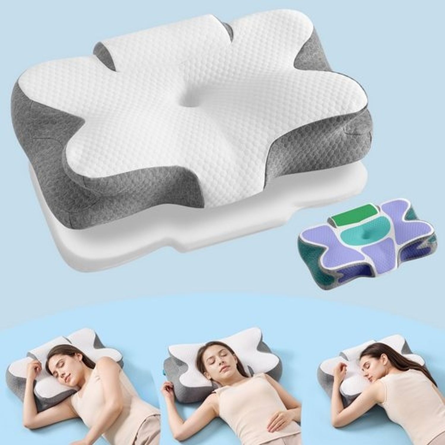 SONGMICS Kopfkissen, Kissen ergonomisch, Nackenkissen, höhenverstellbar, Schlafkissen, Memory Foam Kissen, für Seitenschläfer, Rückenschläfer & Bauchschläfer, wolkenweiß-taubengrau Bild 1