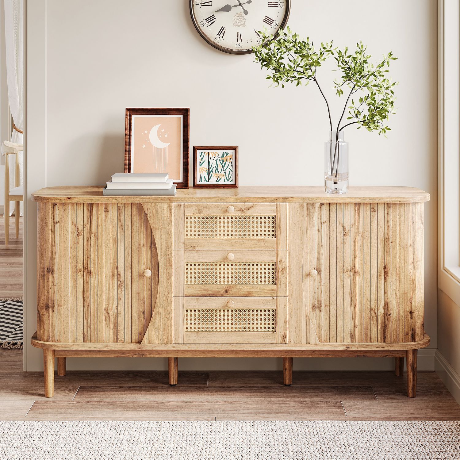 Merax Sideboard, Rattan, mit Schiebetüren, verstellbaren Einlegeböden und abgerundeter Platte, Holzfarbe, 76 x 140,5 x 40 cm Bild 1