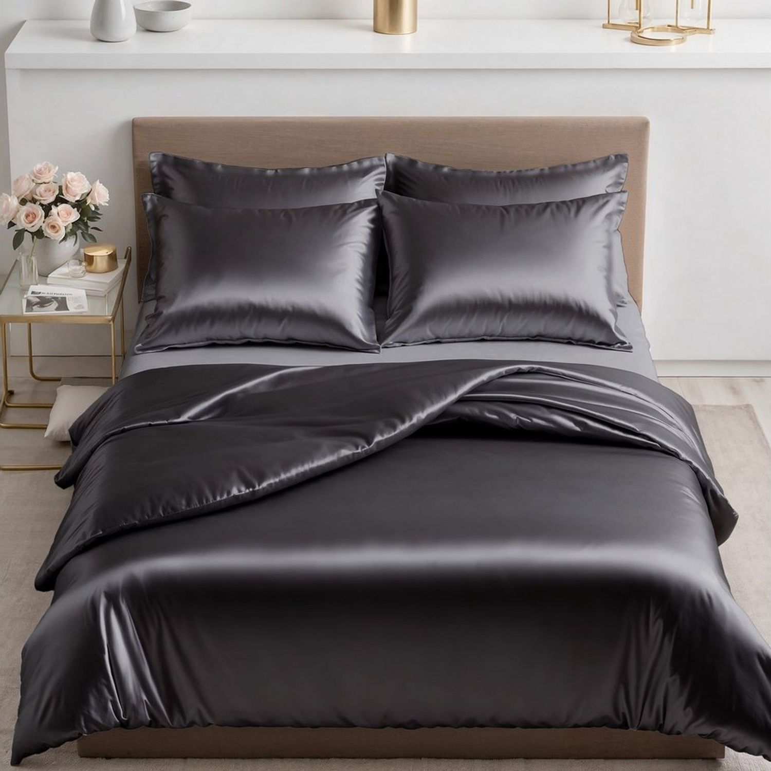 Cozyor Bettwäsche Satin glänzend 135x200, 155x200, 155x220, 200x200cm mit Reißverschluss, Satin, anthrazit Nebula, 2 teilig, glänzend Satin, Bettbezug + Kissenbezug 40x80, besonders weich Bild 1