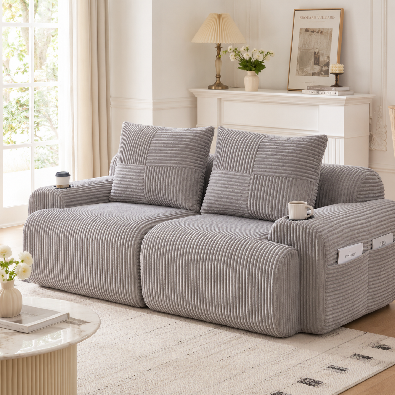 Modulares 2-Sitzer Cordsofa, Getränkehalter, Seitentasche, Hellgrau Bild 1