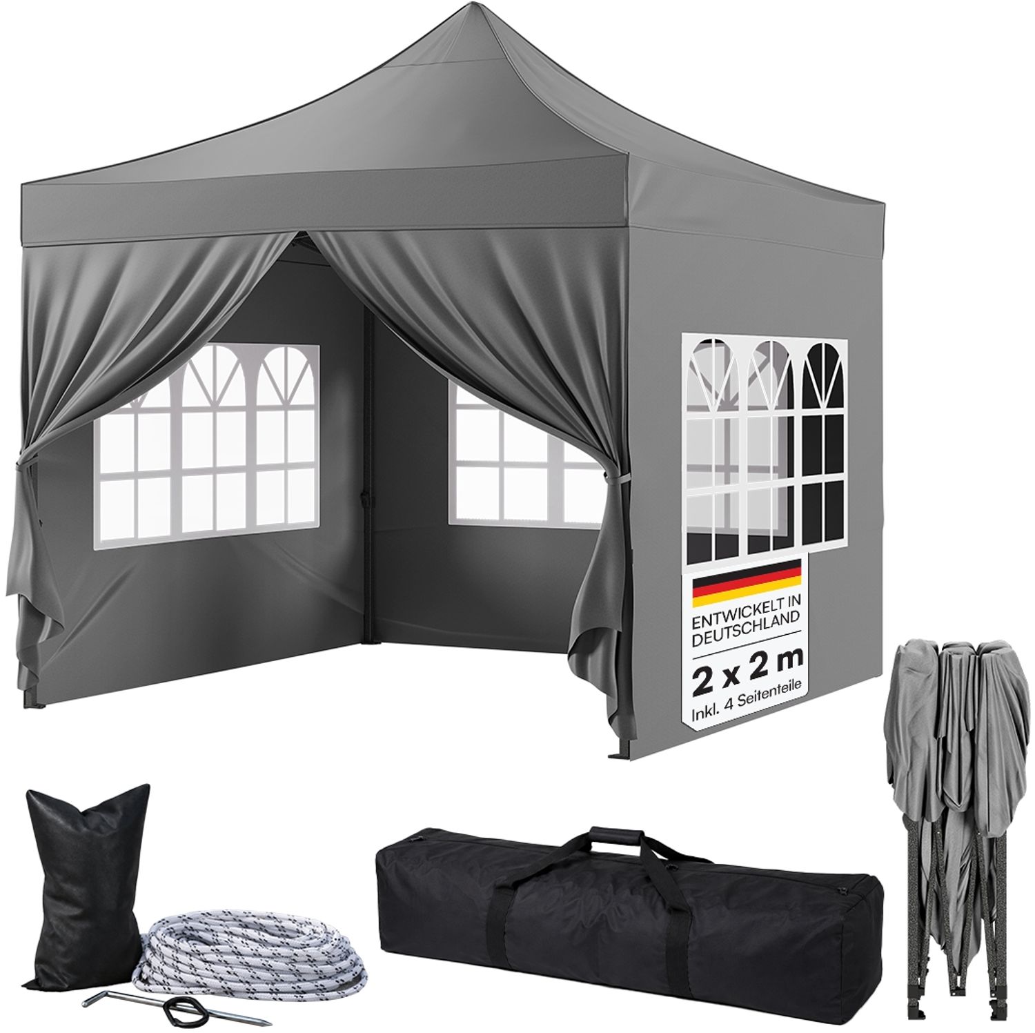 STEELSØN 'Rynara' Pavillon 2x2 m, grau, wasserdicht, stabil und UV-beständig, Faltpavillon 3-fach höhenverstellbar, Gartenpavillon mit 4 Seitenteilen, Pop Up Pavillon inkl. Tragetasche Bild 1