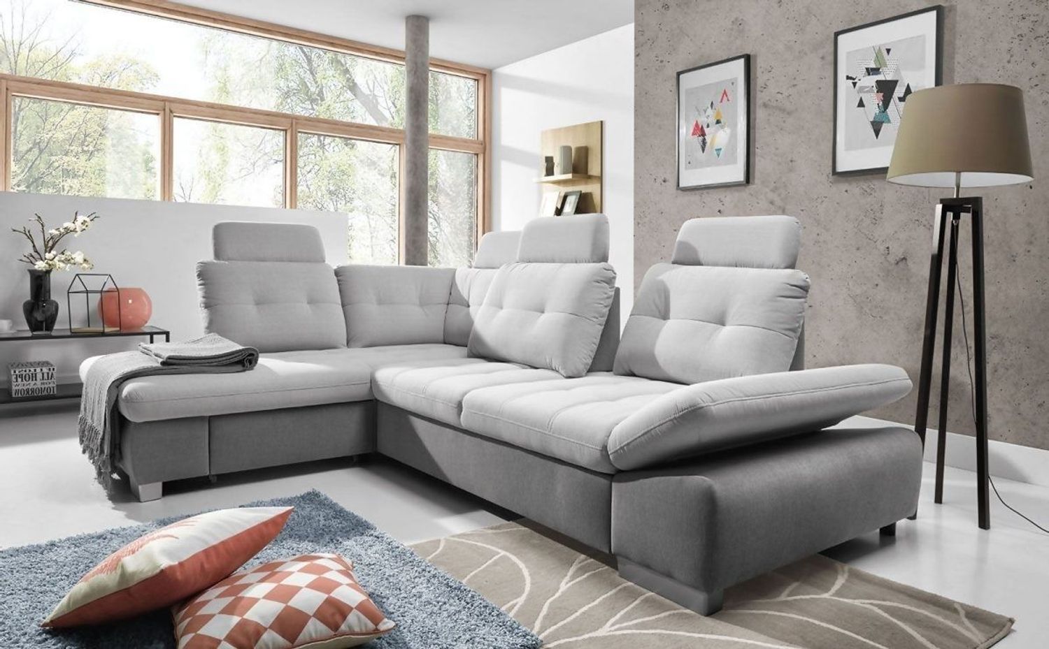 Ecksofa Schlafsofa REMON XL Grau/ Hellgrau Ottomane Links Bild 1