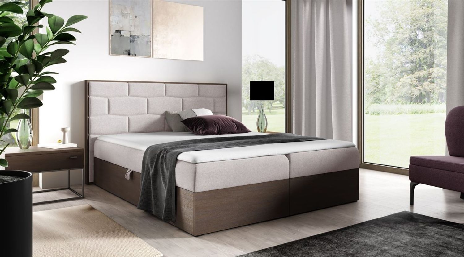 Boxspringbett Bett BEILA 120x200cm Dunkel Eiche Stoff Hellbeige inkl. Bettkasten Bild 1