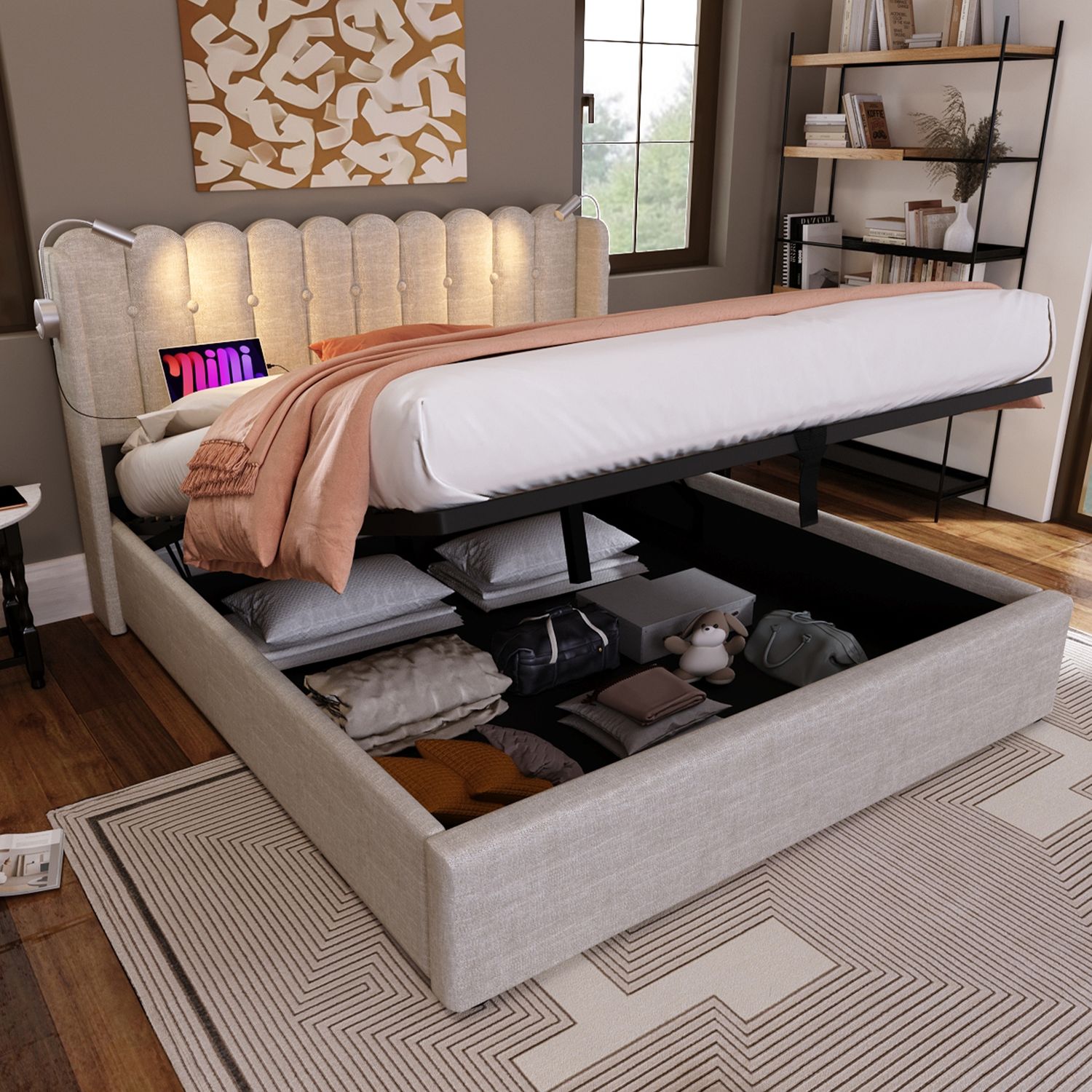 Polsterbett Doppelbett Leselicht mit Ladefunktion Kopfteil Stauraum Bettgestell Leinenmaterial Jugendbett 140x200 mit lattenrost,Natürlich(Ohne Matratze) Bild 1