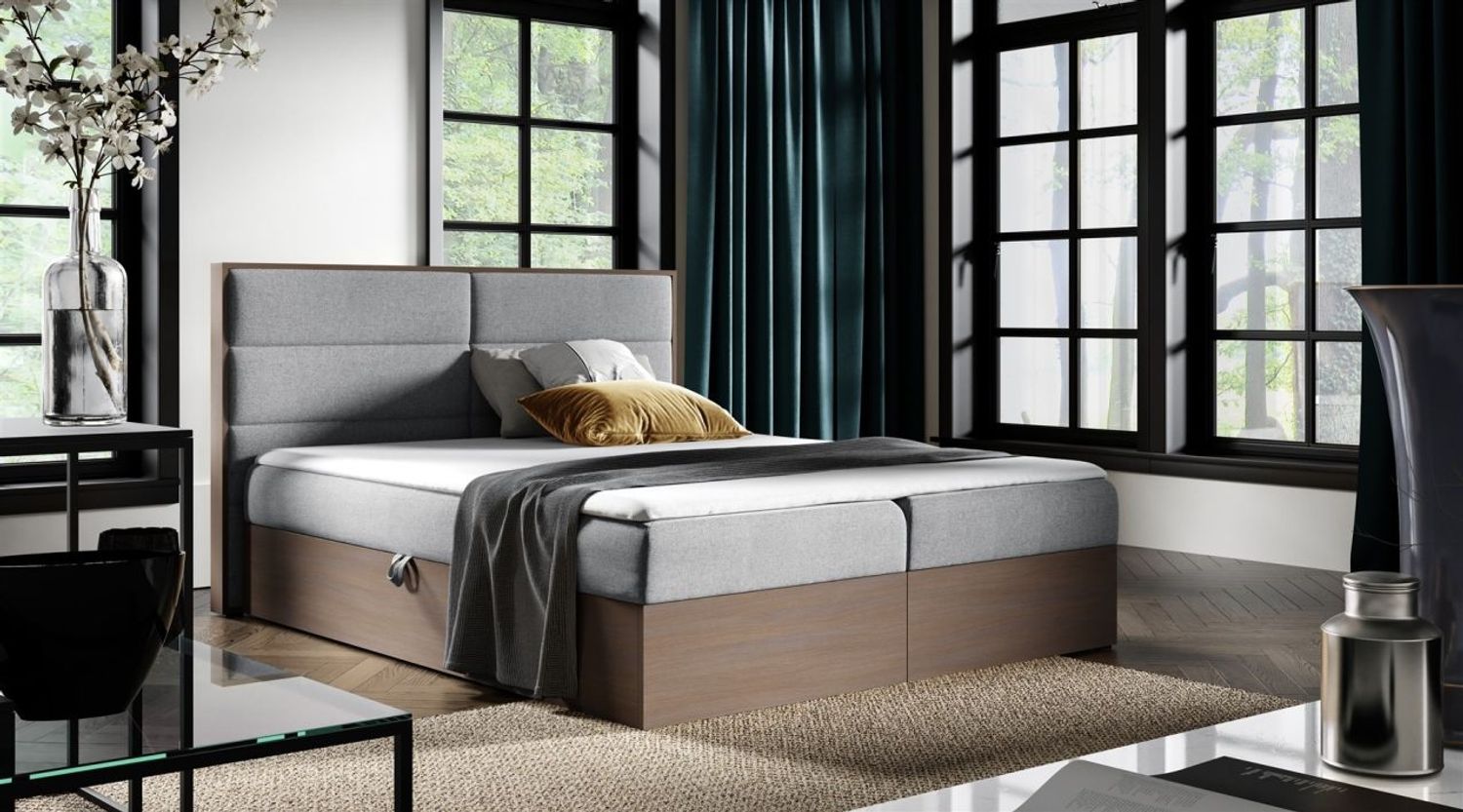 Boxspringbett Bett LAMBROS 140x200 cm Dunkel Eiche Stoff Grau inkl. Bettkasten Bild 1