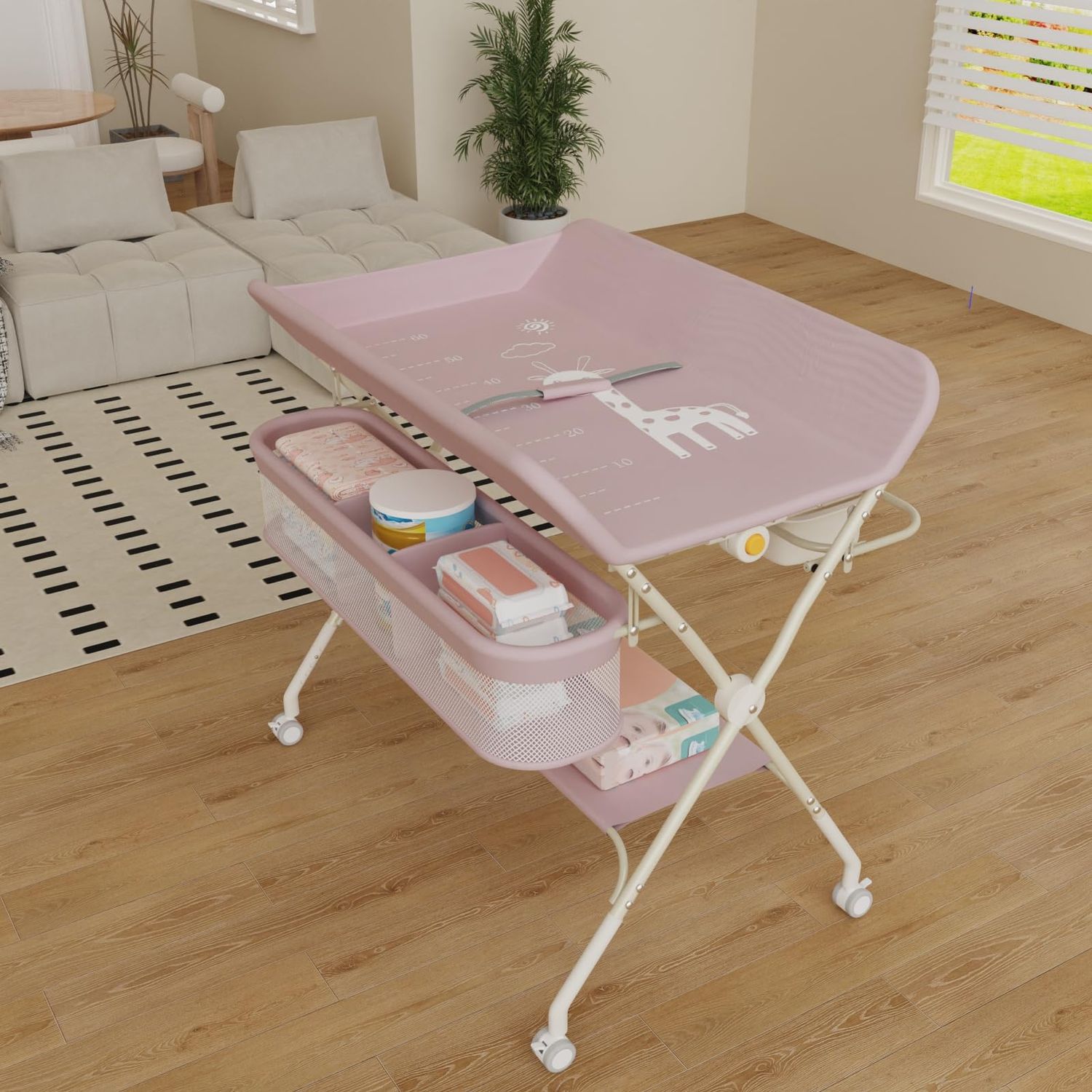 Wickelstation für Baby, Wickeltisch, faltbar, tragbar, Wickeltisch, faltbar, tragbar, mit Aufbewahrungskorb, maximale Belastung von 25 kg,75 x 68 x 83–91 cm (Rosa) Bild 1