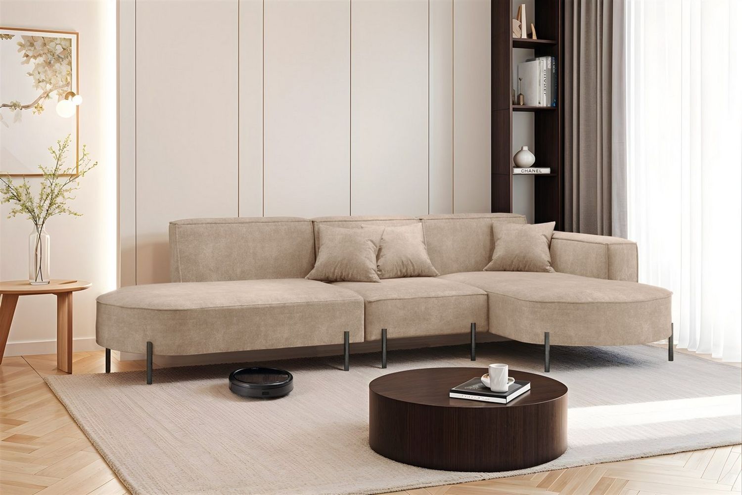 Ecksofa Designersofa VALENCIA in Stoff Noel Beige Ottomane Rechts Bild 1