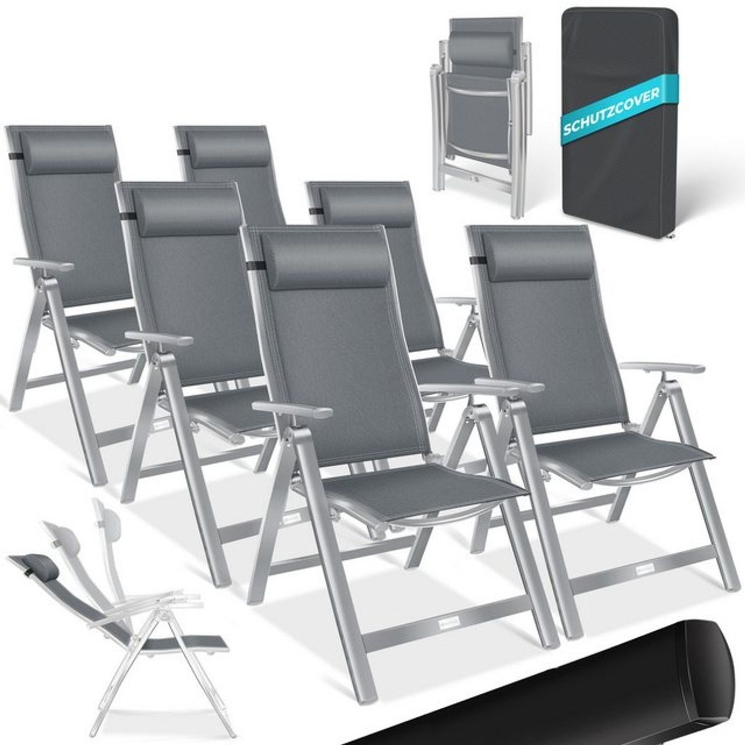 KESSER® Gartenstuhl Hochlehner mit Armlehnen | Aluminium Klappstuhl inkl. Kopfkissen Campingstuhl 7-Fach Verstellbar Rückenlehne | Atmungsaktiv & Wetterfest | Klappbar & Anti-Rutsch Hellgrau, 6 Stück Bild 1
