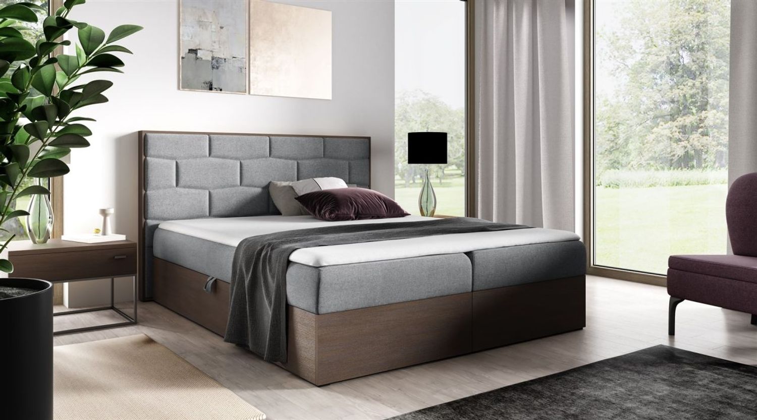 Boxspringbett Bett BEILA 180x200cm Dunkel Eiche Stoff Grau inkl. Bettkasten Bild 1