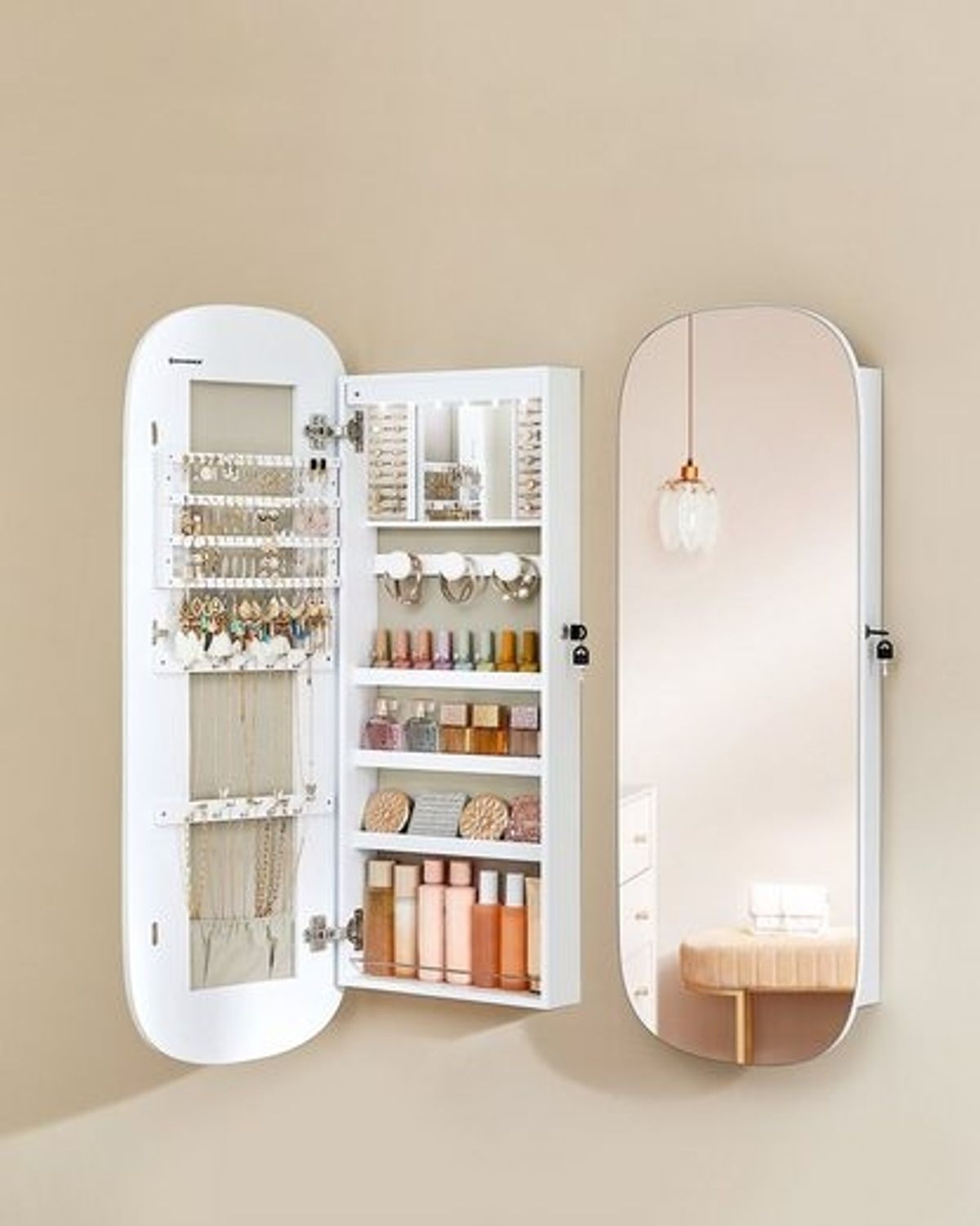 Songmics Schmuckschrank mit LED-Beleuchtung und Spiegel, verschließbar, MDF weiß, 10 x 42 x 108 cm Bild 1