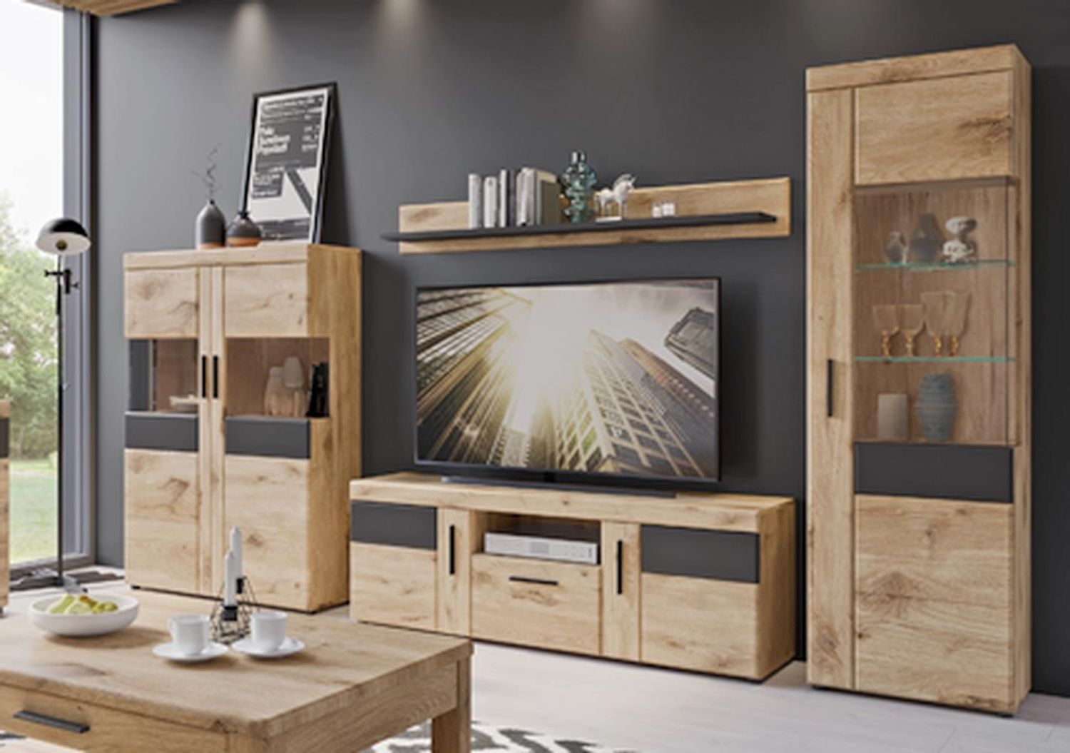 Wohnwand >Grano< (4-teilig) in Eiche Viking Dekor - 317x195x41cm (BxHxT) Bild 1
