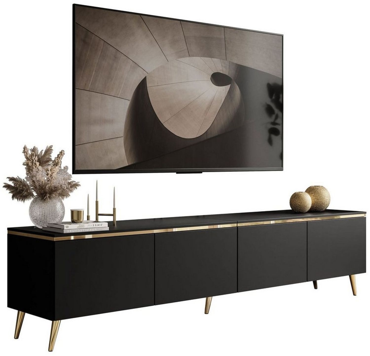 Lookway TV-Schrank CELINE Schwarz Matt auf goldenen Füßen mit LED-Beleuchtung Breite: 200 cm Bild 1