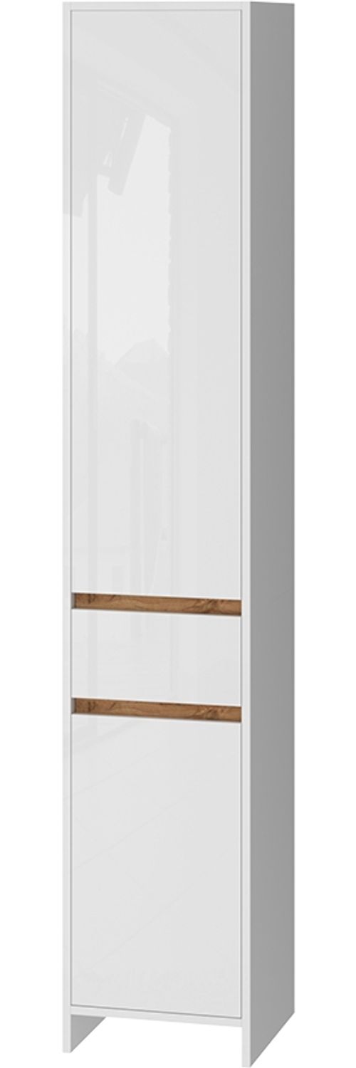 Badschrank Detmold Weiß Hochglanz/Goldkraft Eiche 35 x 190 cm mit 2 Türen und eine Schublade Vicco Bild 1