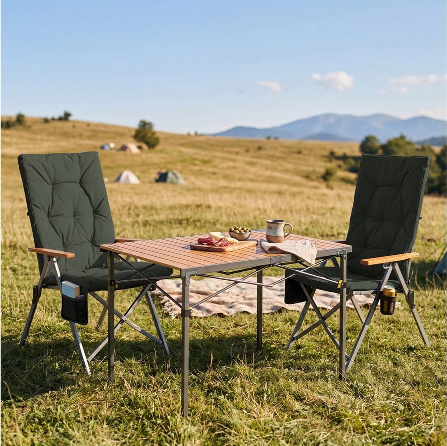 HOMECALL Campingstuhl Klapptisch-Set mit 2 Stühlen Hochlehner Luxus Klappstuhl Campingtisch (gartenstuhl klappbar für 4-6 Personen), mit 4,5cm Dicke Gepolstert Bild 1