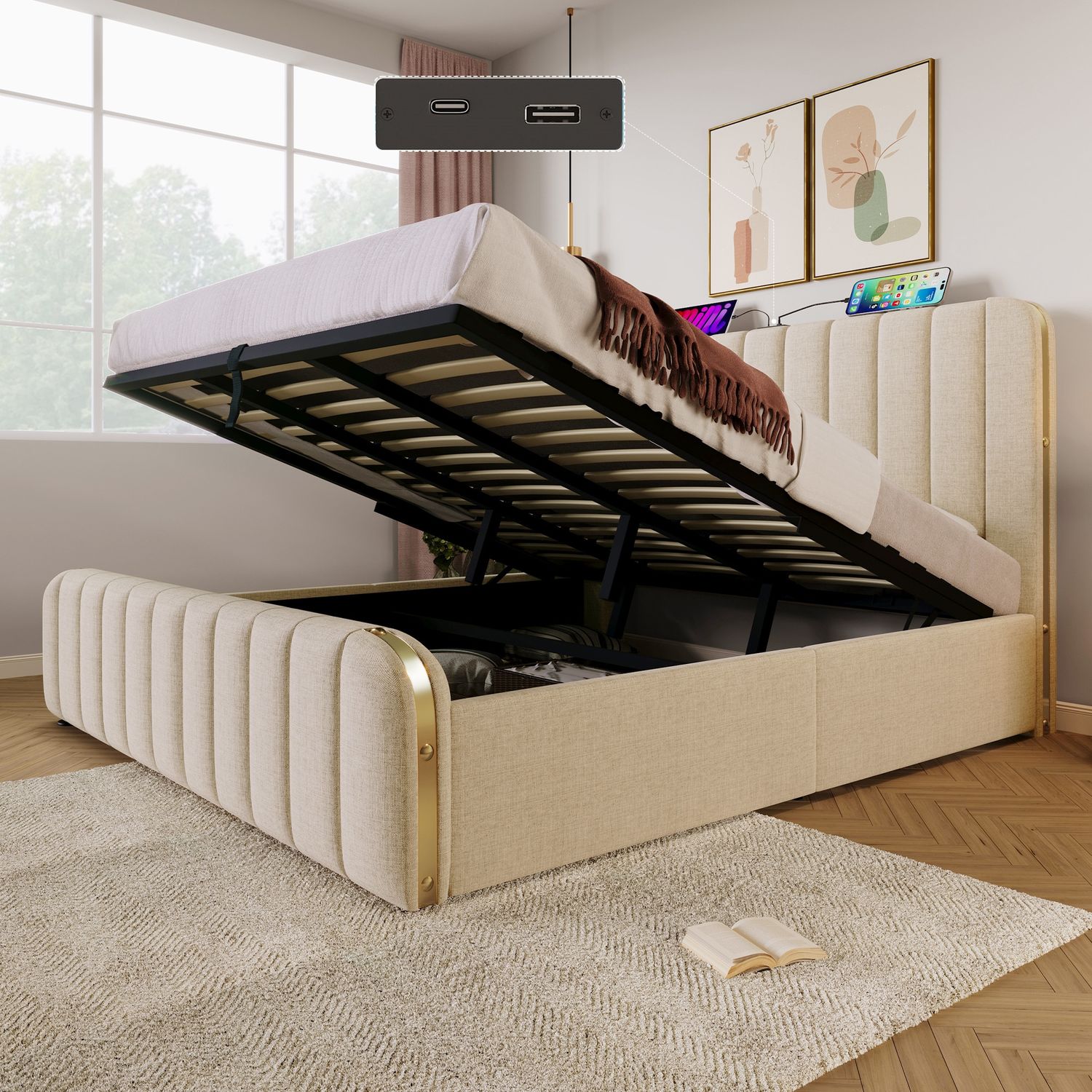 Polsterbett Doppeltes, gepolstertes Kopfteil mit goldenen Zierstreifen und ,USB Typ-C Ladefunktion 180*200 cm, Beige Leinen-Material Hydraulisches Lagerbett (Ohne Matratze) Bild 1