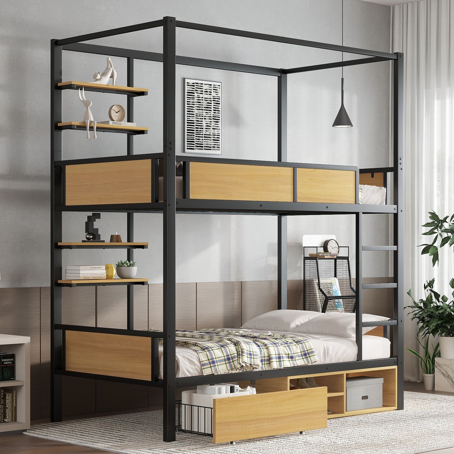 Etagenbett 90×200 cm aus MDF und Metall mit Stauraum, schwarz-natur Bild 1