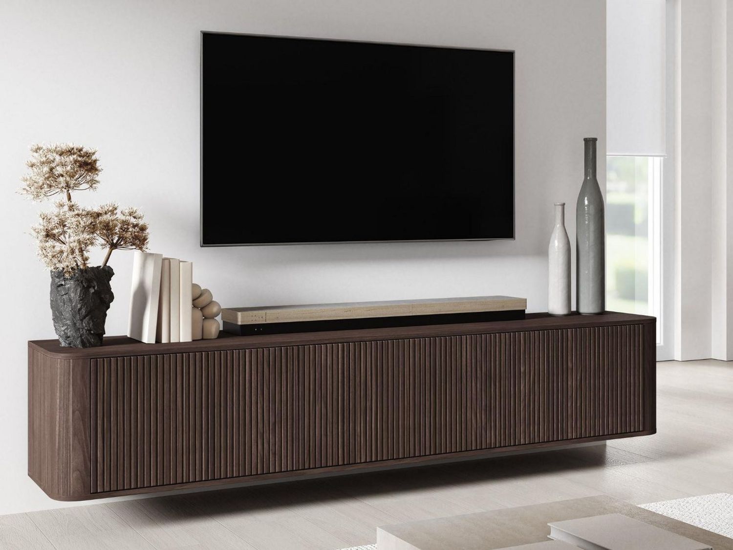 Compleo TV-Schrank 220 cm breit, Hängend oder auf Füßen, TV-Tisch japandi Nussbaum oder Kaschmir Bild 1