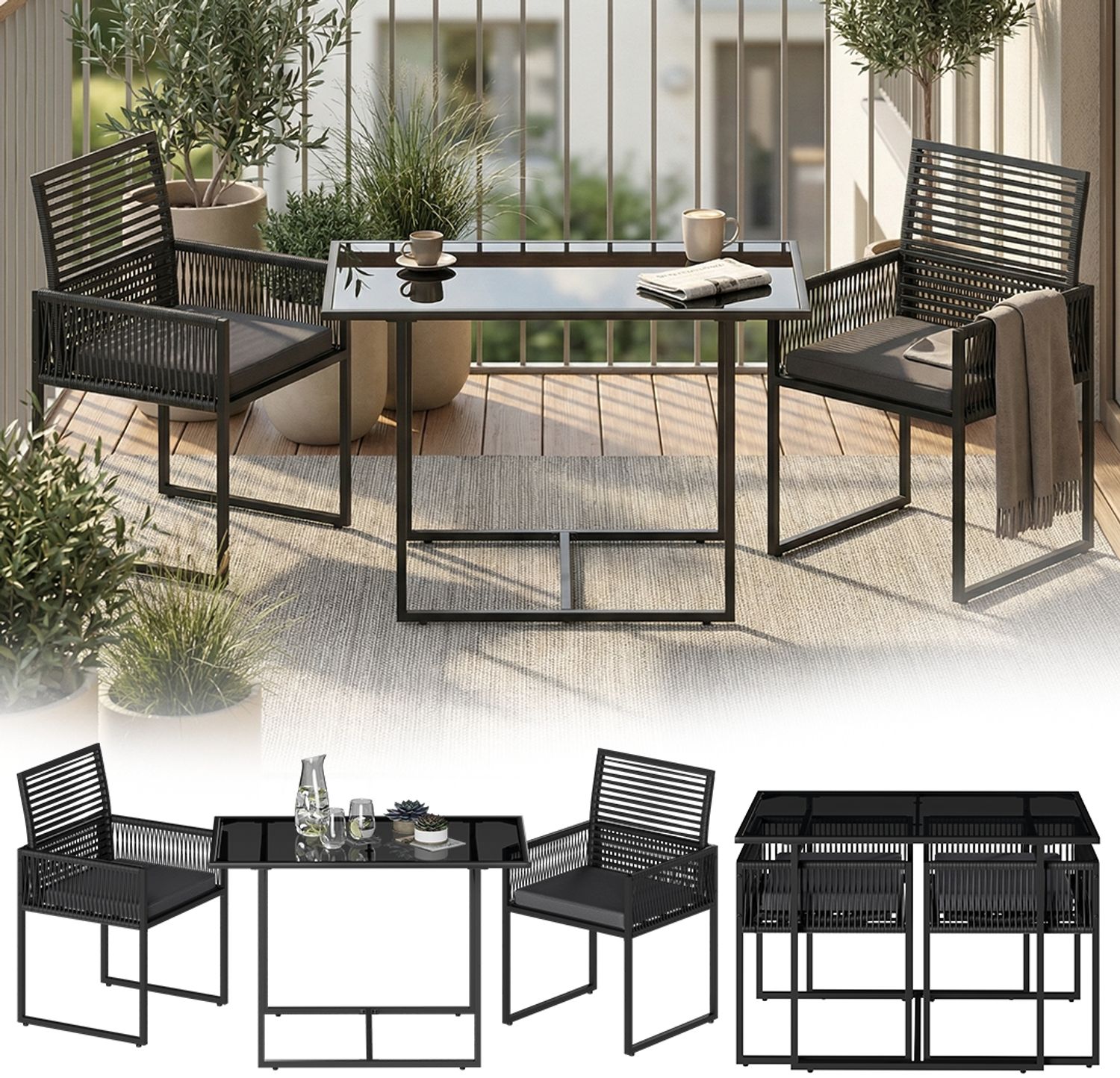 STEELSØN 'Kynaris' 3-tlg. Gartenmöbel-Set, Sitzgruppe aus 2 Polyrattan-Stühlen und Gartentisch, Metall, zusammenklappbar, schwarz/anthrazit, wetterfest Bild 1