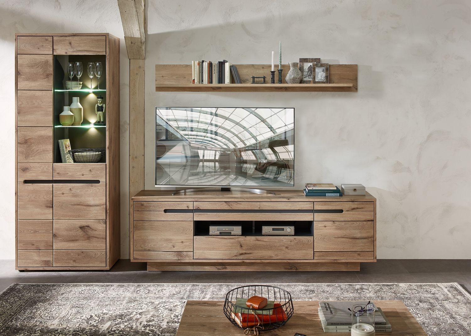 Wohnwand >Bellano< in Viking Oak Dekor, MDF, Spannplatte - 299x202x44cm (BxHxT) Bild 1