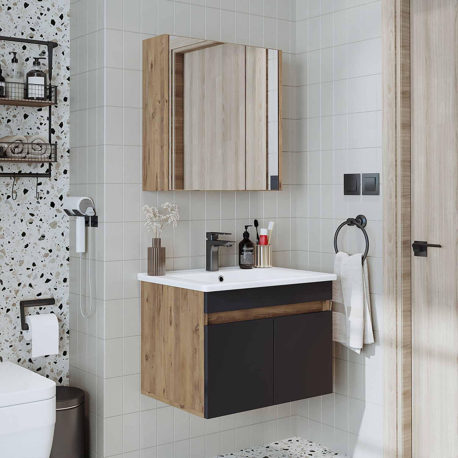 Roomart ATRIA-65 Badmöbel Set– 3-teiliges Badezimmermöbel Set - Unterschrank, Waschbecken & Spiegelschrank - H 45 x B 45 x T 65 cm • Anthrazit-Eiche Bild 1