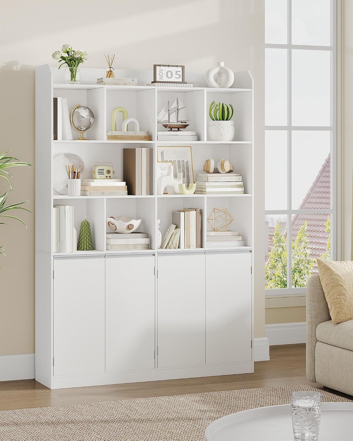 Bücherregal freistehend mit 10 offenen Fächern und 4-türigem Unterschrank, Aufbewahrungsregal, Standregal, für Wohnzimmer Büro Schlafzimmer, 30 × 120 × 180 cm Weiß Bild 1