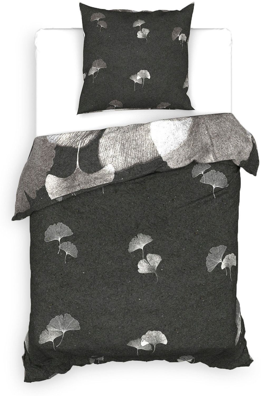Heckett & Lane BCI Twill Bettwäsche 135x200 Debra grey Blätter Gingko schwarz Bild 1