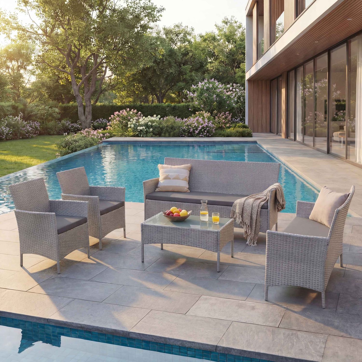 3-2-1-1 Poly-Rattan Garten-Garnitur Halden, Lounge-Set Sitzgruppe Sofa ~ grau, Kissen anthrazit Bild 1