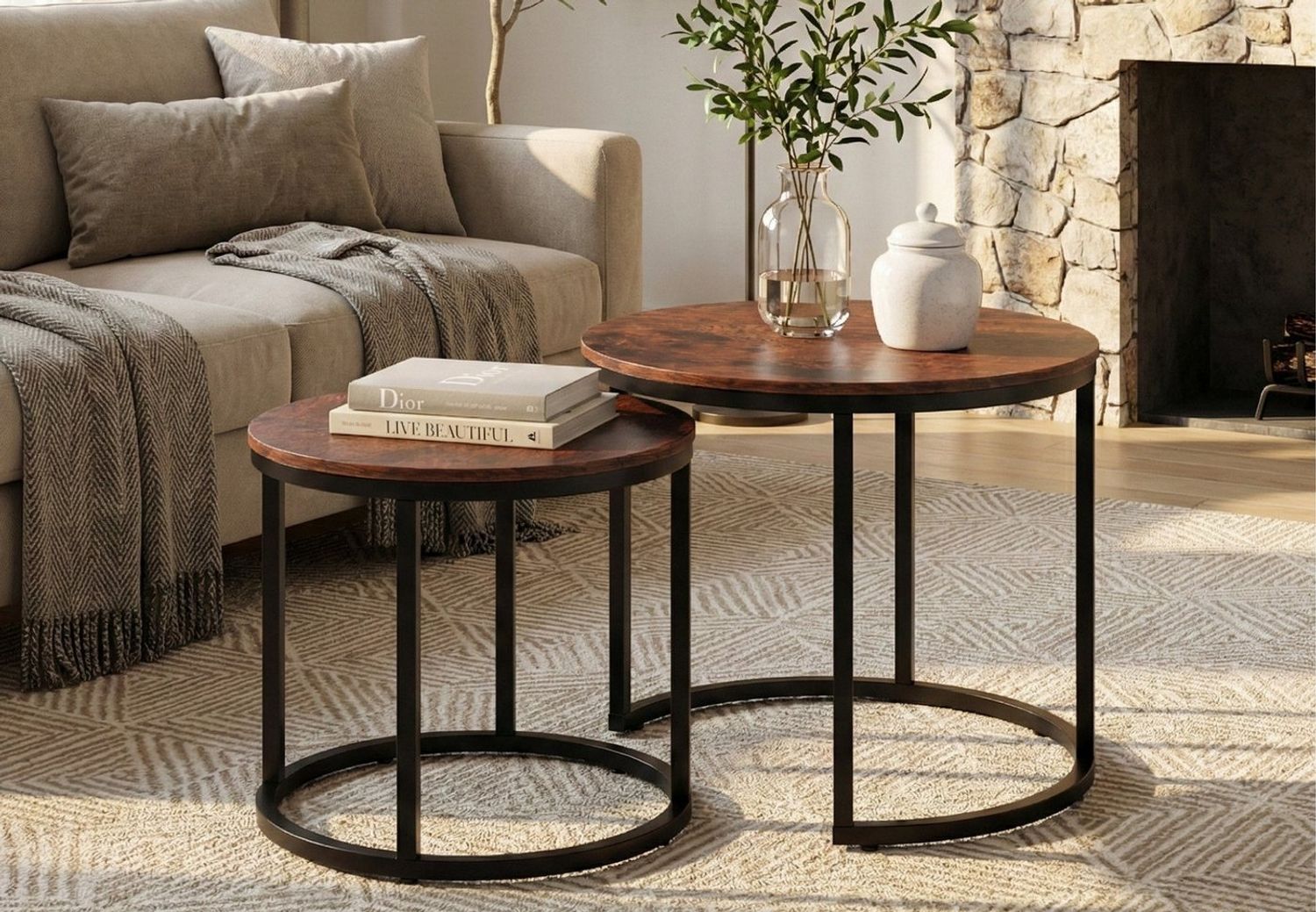 Home Collective Couchtisch Kleiner 2er Set aus Holz, Wohnzimmertisch Modern (Beistelltisch Set 2 in 1 mit Metallgestell, Büro Beistelltisch Loft Design TWIN, kratzfeste Oberfläche, Set 2 in 1), Quadratisch in Eiche hell, für Wohnzimmer Bild 1