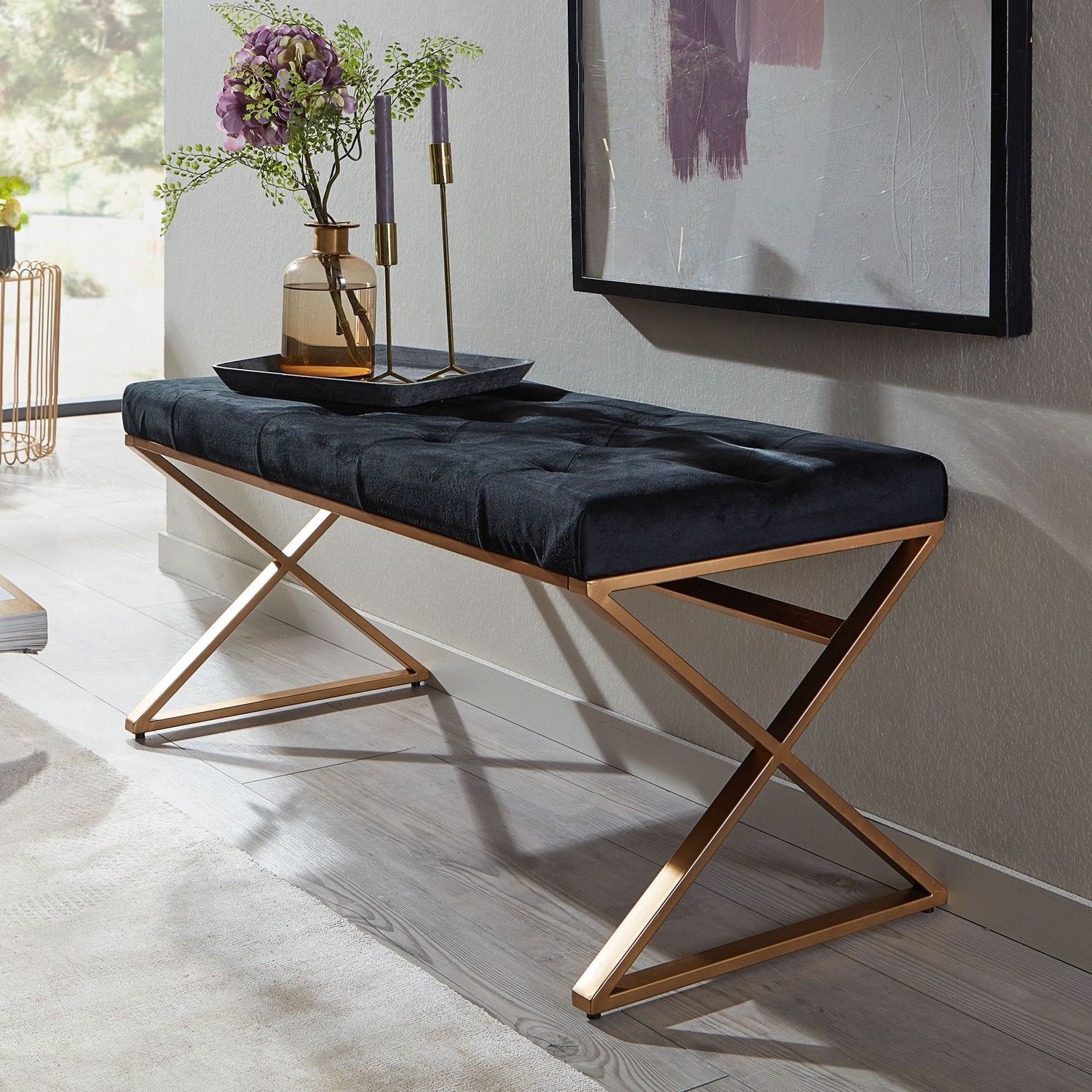Sitzbank Samt Schwarz 90 x 46 x 44 cm Flur Polsterbank mit Metallgestell | Bettbank Schlafzimmer Chesterfield Design | Flurbank Garderobenbank Modern Bild 1