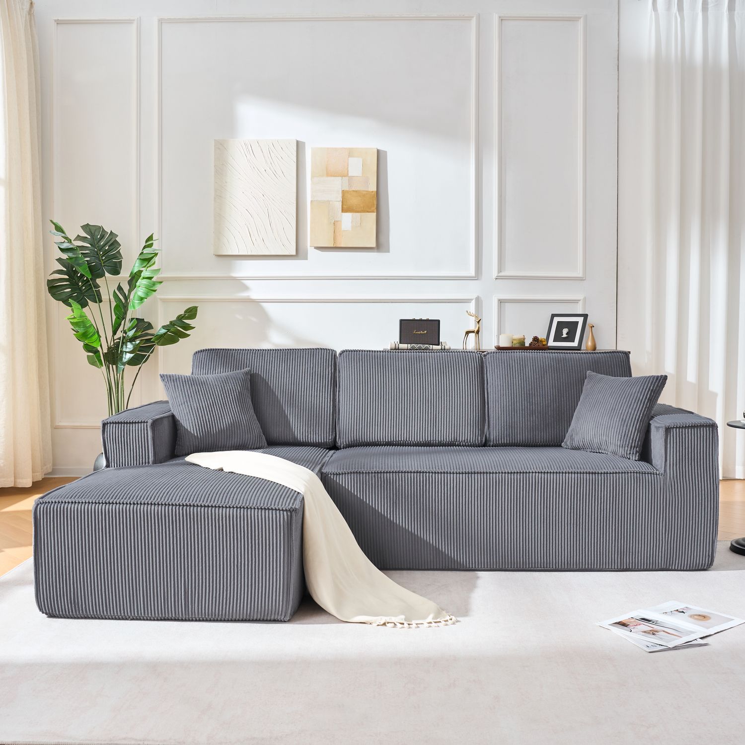 3-Sitzer Ecksofa B 235 x T 128 x H 60 cm aus Cord in Grau Bild 1