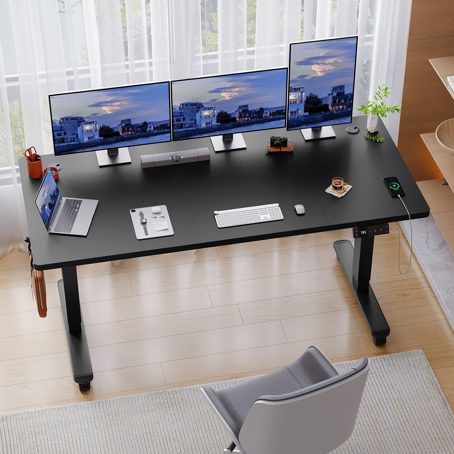 Devoko Höhenverstellbarer Schreibtisch Holzwerkstoff und Metall Schwarz 160 x 80 x 72-118 cm Bild 1