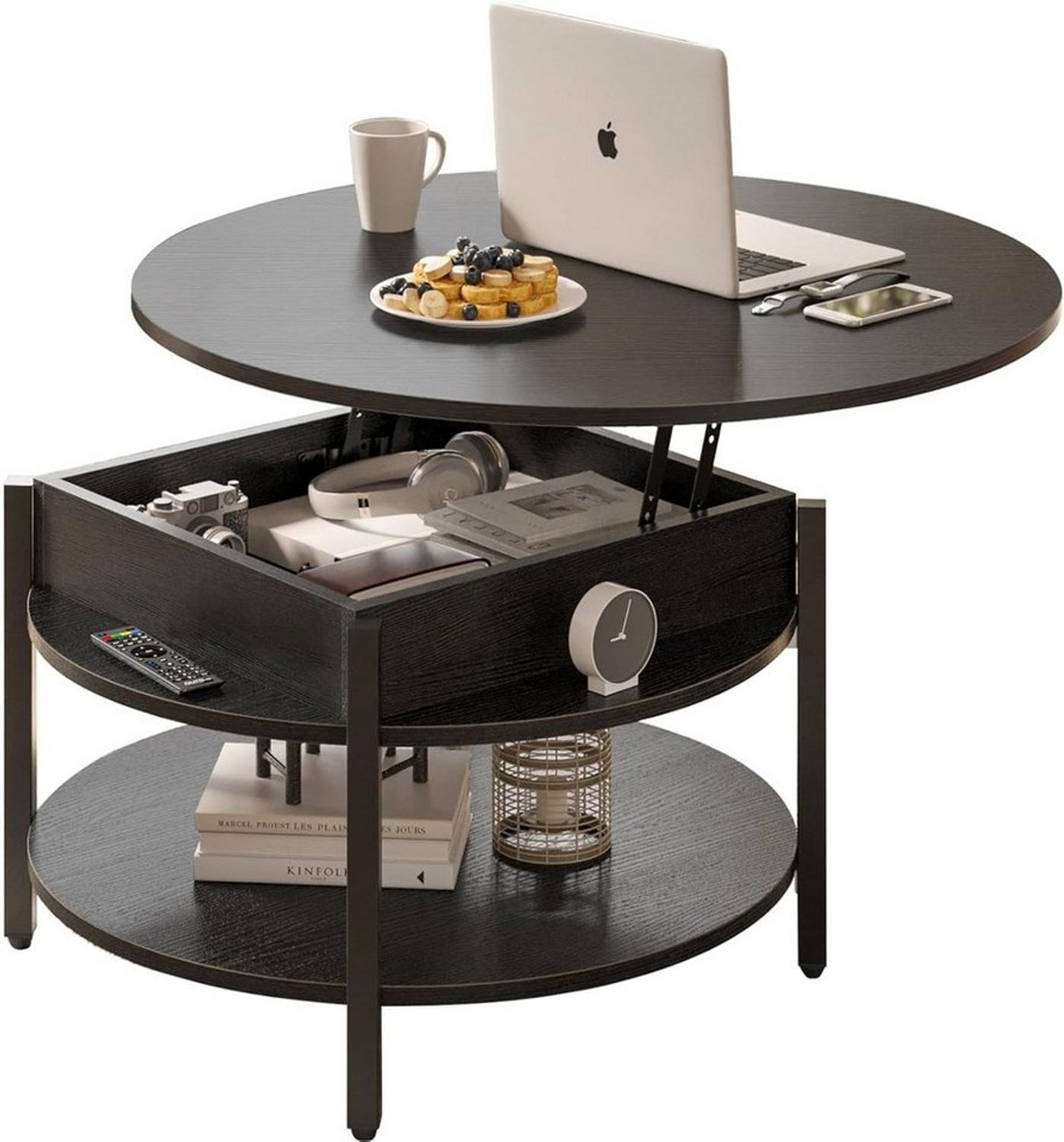 FABATO Couchtisch Höhenverstellbarer Runder Kaffeetisch mit verstecktem Ablagefach, 2-facher kleiner runder Beistelltisch, Sofatisch Bild 1