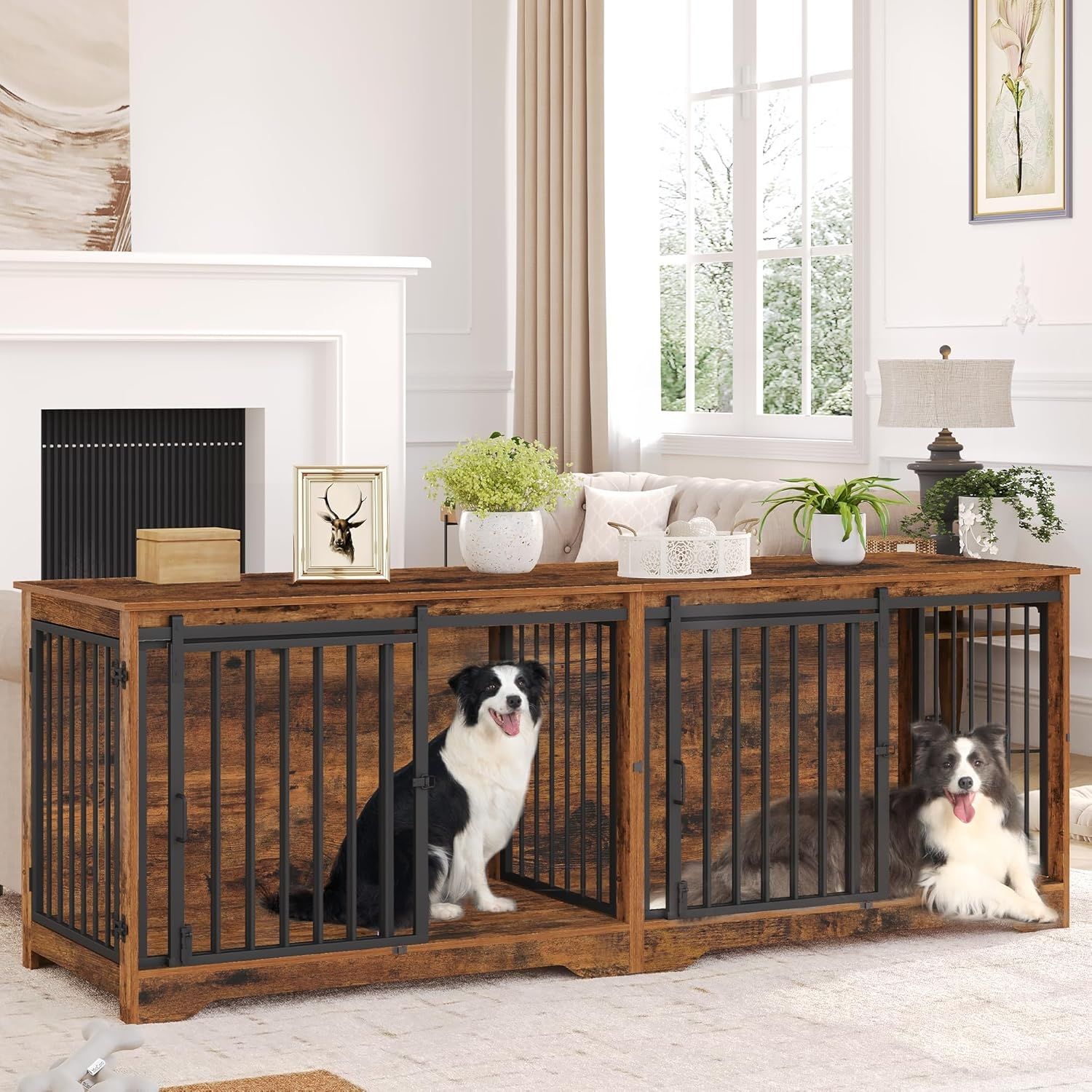 Hundekäfig Möbel für 2 Hunde, Doppel-Hundekäfig mit Trennwand, Robuste Hundebox aus Holz, Hundekäfige mit Scheunentür, TV-Ständer-Design für Mittelere/Große Hunde, Vintagebraun Bild 1