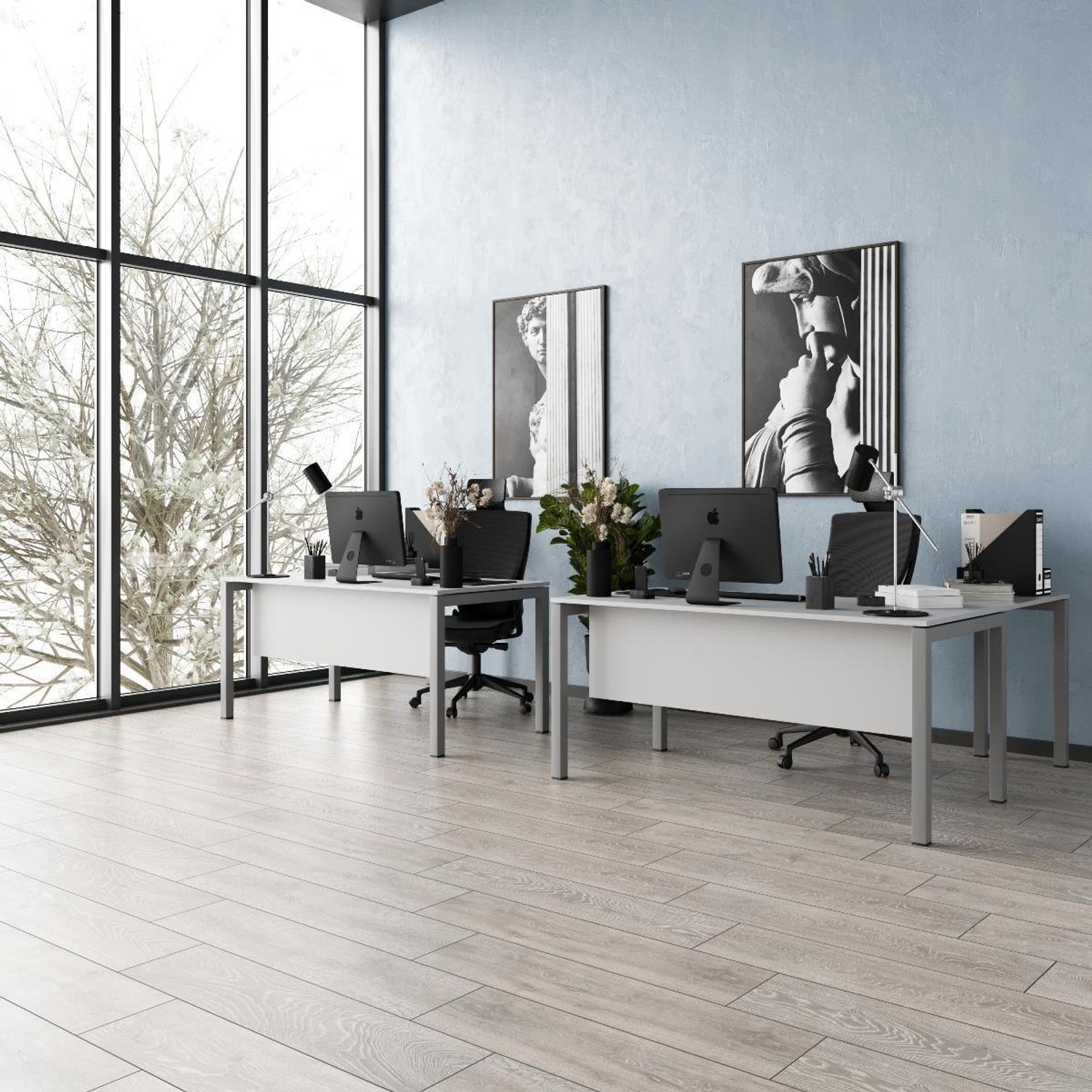Schreibtisch Tetra, 160 cm, inkl. Anbau rechts o. links montierbar, grau Dekor/silber RAL 9006 inkl. Kabelkanal Bild 1