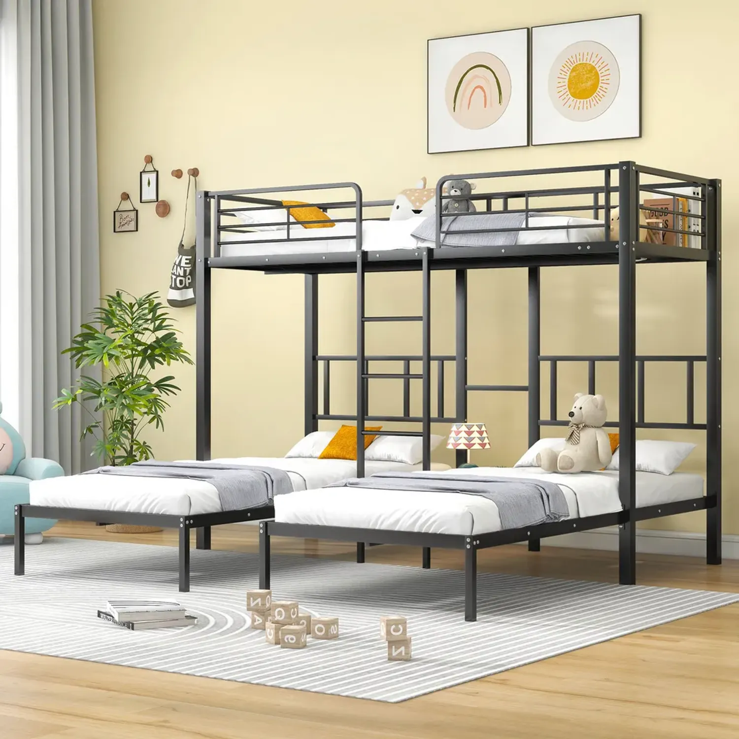 Etagenbett mit Rausfallschutz, 3 Schlafgelegenheiten und Lattenrost, 90x200 cm, Metallbett Bild 1
