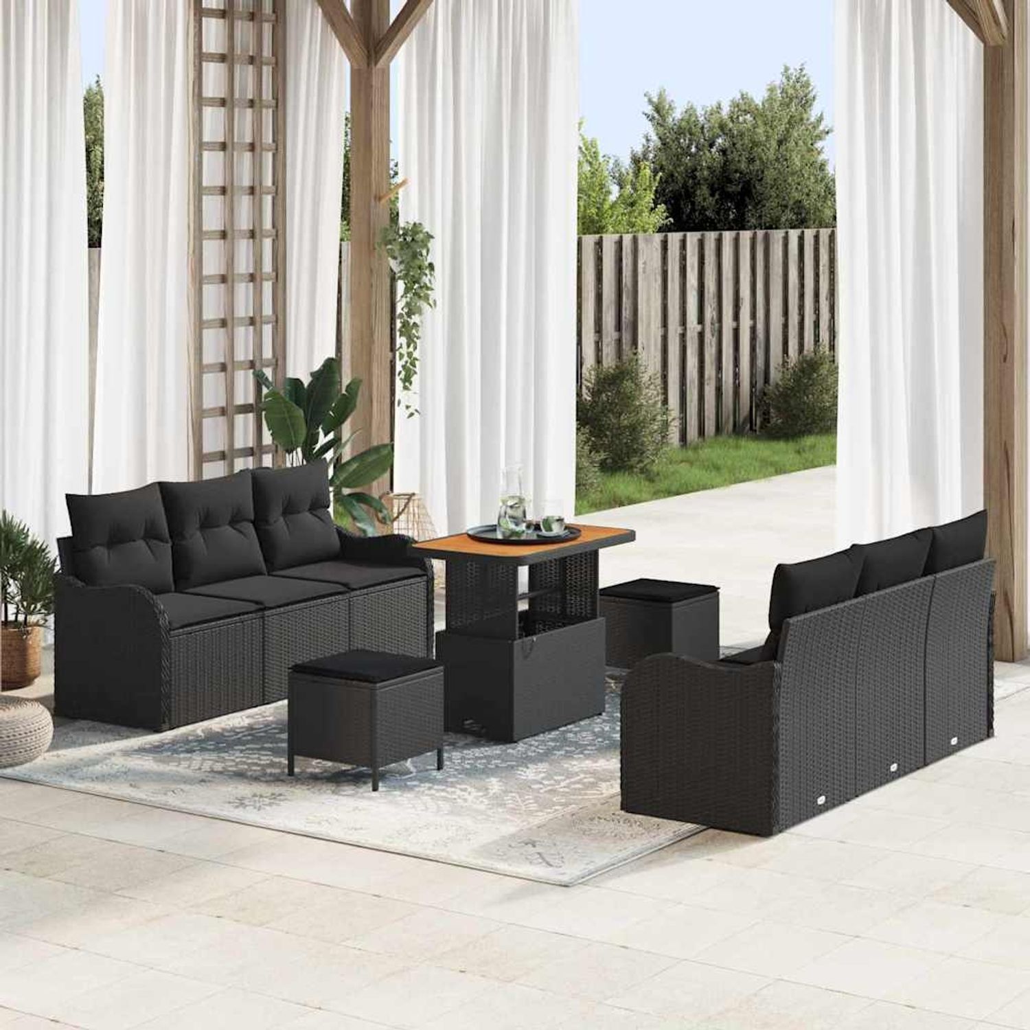 vidaXL Garten-Sofa-Set mit Kissen mit Speicher 9 pcs Schwarz 3364169 Bild 1