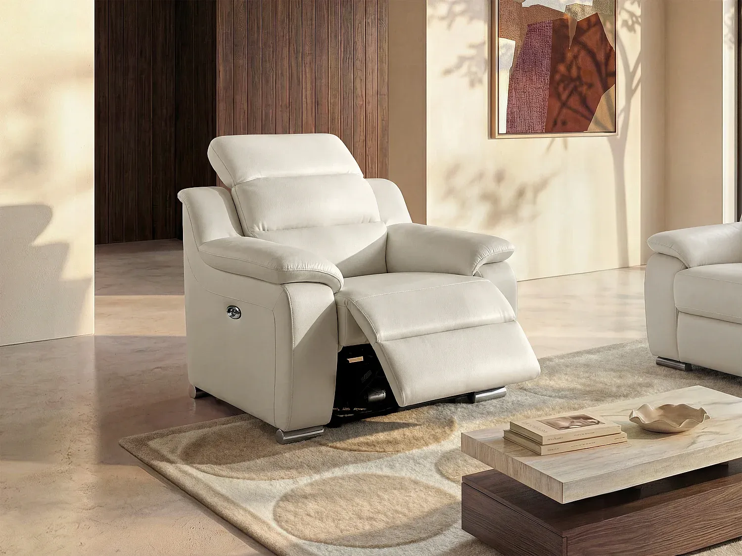 Vente-unique - Relaxsessel Fernsehsessel elektrisch - Leder - Elfenbeinfarben - ARENA III Bild 1
