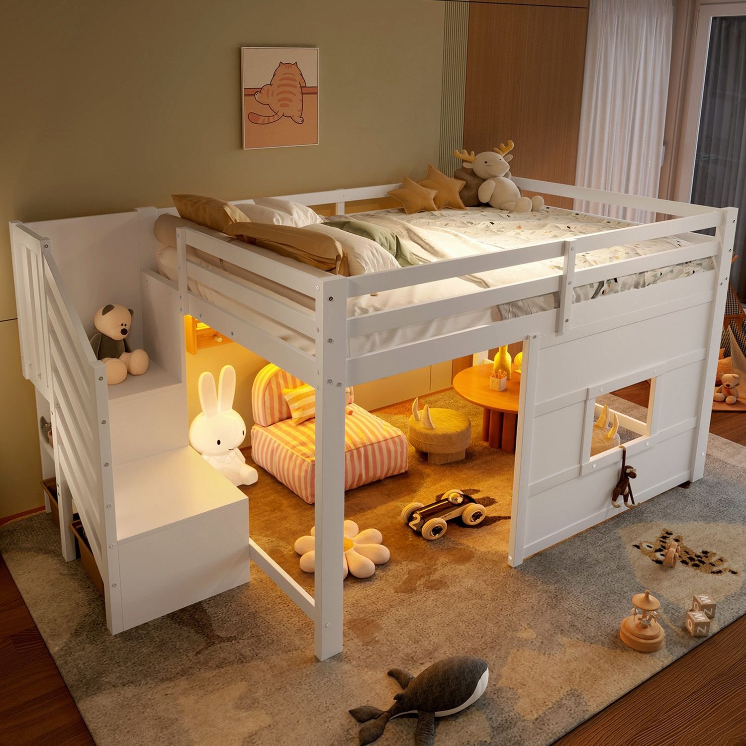 Hochbett mit Lattenrost und LED-Beleuchtung, 140x200 cm, Treppe mit Regal, Kinderbett mit Rausfallschutz, Spielbett, Kiefer Bild 1