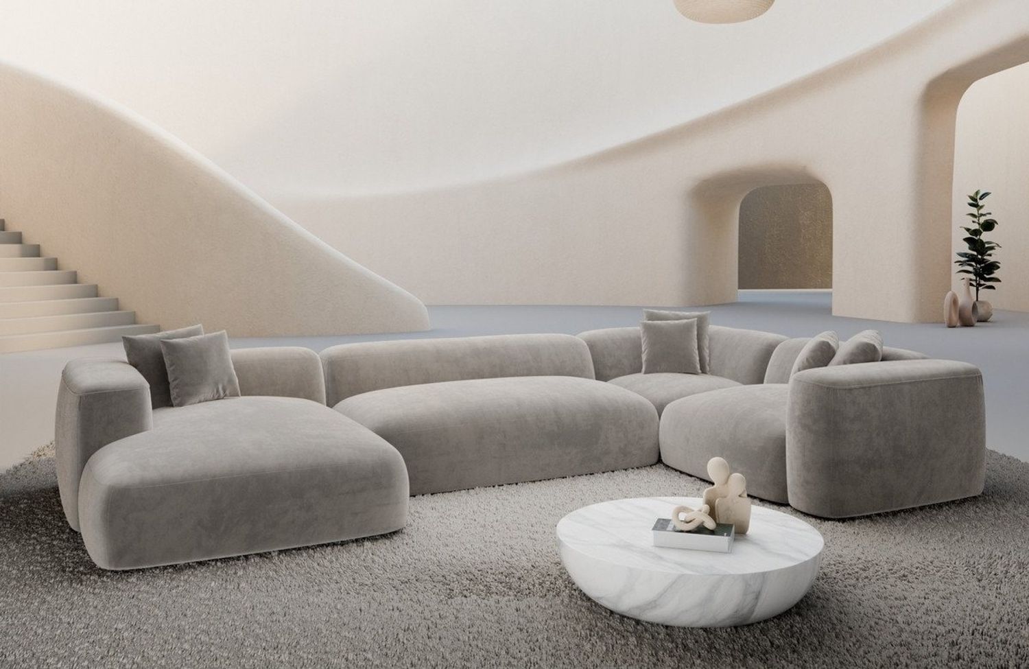 Sofa Dreams Wohnlandschaft Alcudia U Form Stoffbezug Ottomane, 6-Sitzer, Polstersofa, Lounge, Design, Samtstoff Bezug in Sand Bild 1