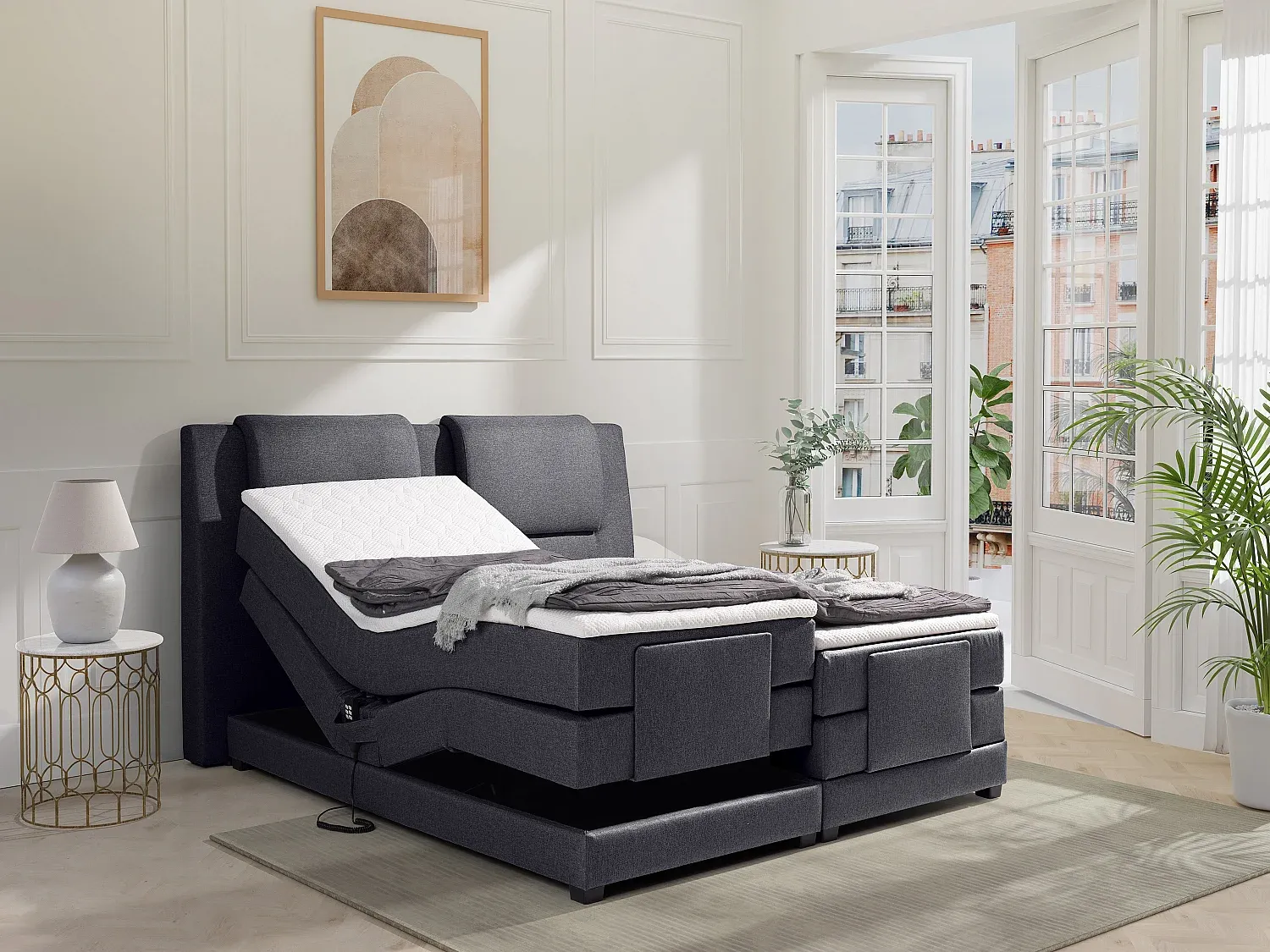 Vente-unique - CASTEL Bett Stoff Grau - B 183 cm x H 125 cm x L 218 cm Bild 1